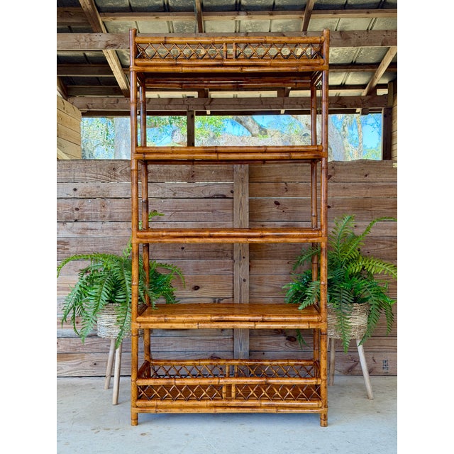 Vintage Boho Coastal Brighton Pavilion Style Scorched Bamboo Étagère by Goldenrod For Sale - Image 11 of 12