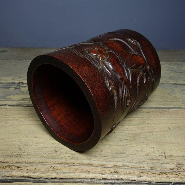 Wood Vintage Chinese Bamboo Carved "Kui Xing" Brush Pot - 610g For Sale - Image 7 of 9