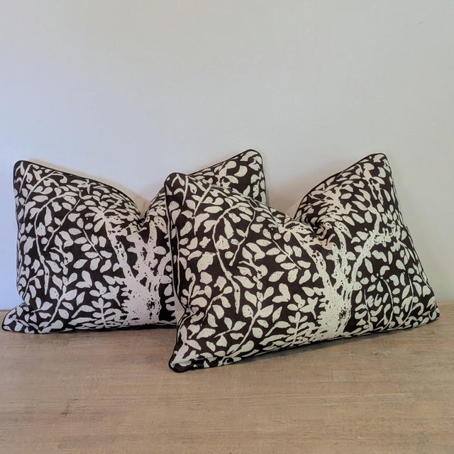 English Quadrille Arbre De Matisse Reverse Tint on Brown Lumbar Pillows For Sale - Image 3 of 8