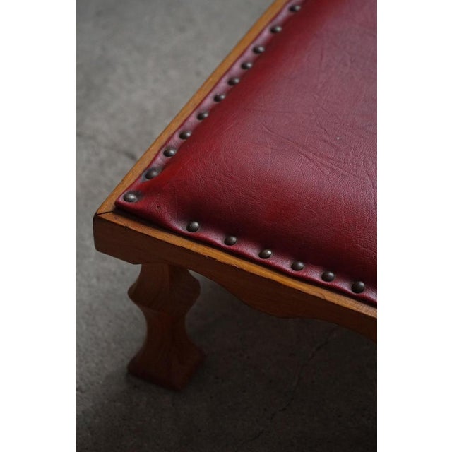 Metal Mid-Century Danish Carved Oak Ottoman with Red Leather Seat, 1950s For Sale - Image 7 of 16