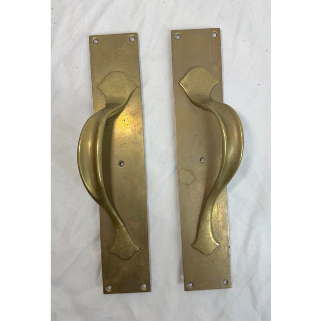 Pair of Antique Heavy Thick Brass Art Nouveau Fixed Door Handles Hardware Pulls For Sale - Image 4 of 9
