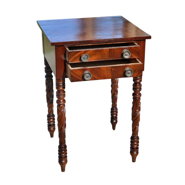Antique Federal New England Mahogany Acanthus Carved Work Table With Rare Pulls For Sale - Image 4 of 12
