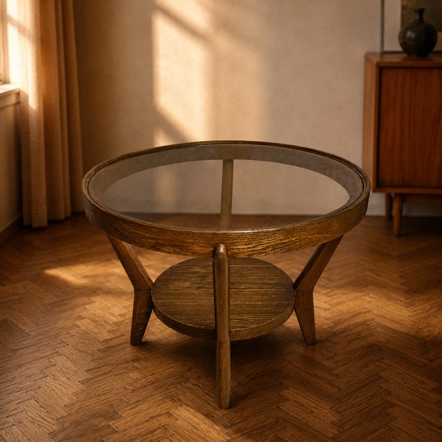 Brown Round Coffee Table by Karel Koželka & Antonín Kropáček, Former Czechoslovakia, 1944 For Sale - Image 8 of 8