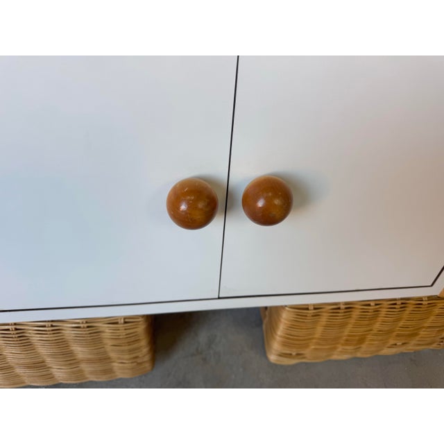 White 1980’s Vintage Boho Chic Woven Rattan Base Small Nightstands – A Pair For Sale - Image 8 of 12