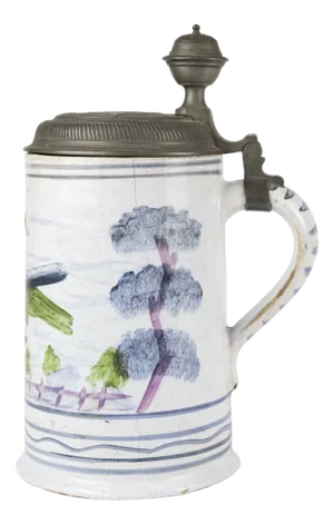 Antique Beer Mug Painted with Nature Theme, 19th Century