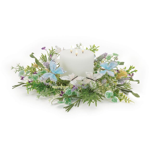 Bring whimsical garden charm to your décor with this Mixed Pansy and Butterfly Candle Ring. Designed with lush greenery,...