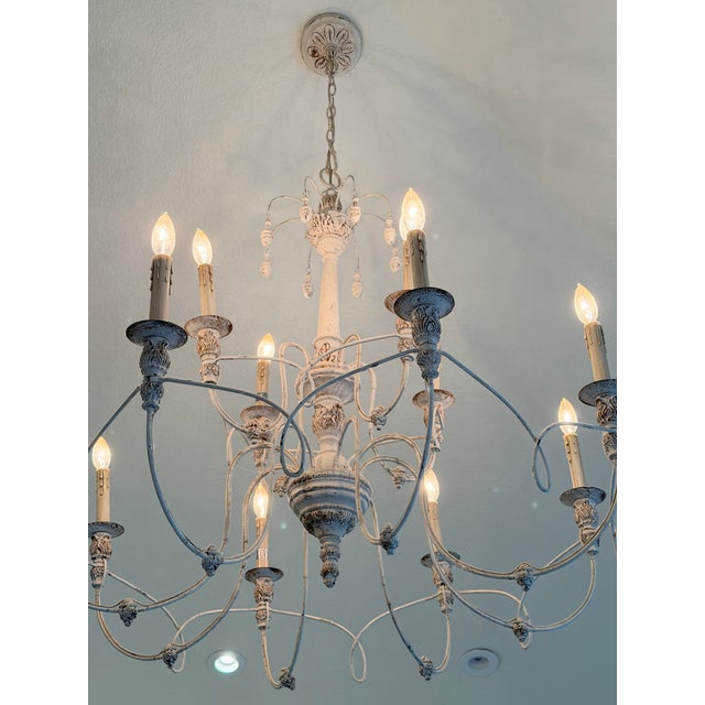 French Provincial Style Painted Iron & Crystal Twelve-Light Chandelier For Sale In Denver - Image 6 of 6