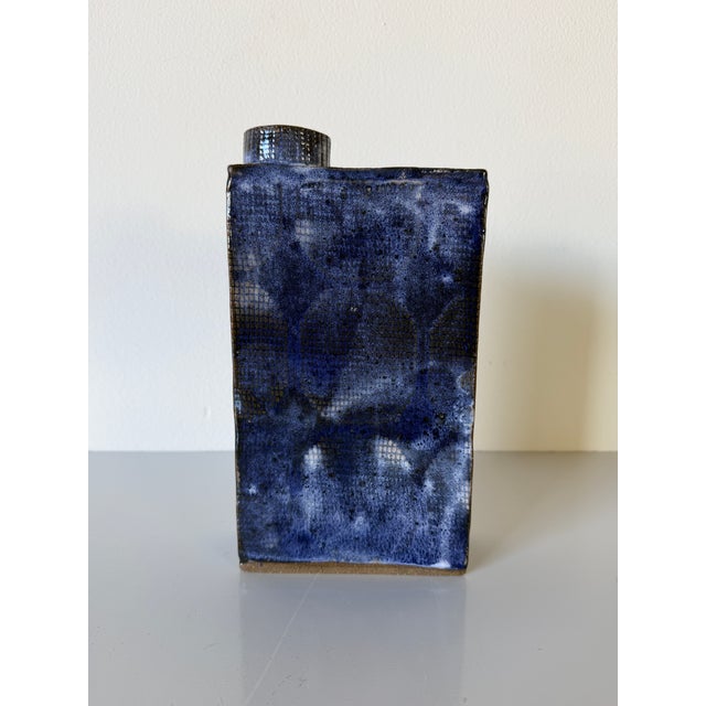 Postmodern 1989 Vintage Blue Glazed Geometric Bottle-Shaped Studio Pottery Vase, Signed For Sale - Image 3 of 12