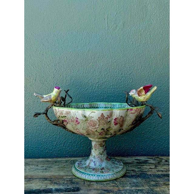 Eggshell Vintage Glazed Ceramic Floral Bird Urns - A Pair For Sale - Image 8 of 12