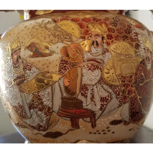 Burgundy Antique Japanese Satsuma Covered Urn With Foo Dog Handles and Open-Mouth Foo Dog Lid For Sale - Image 8 of 10