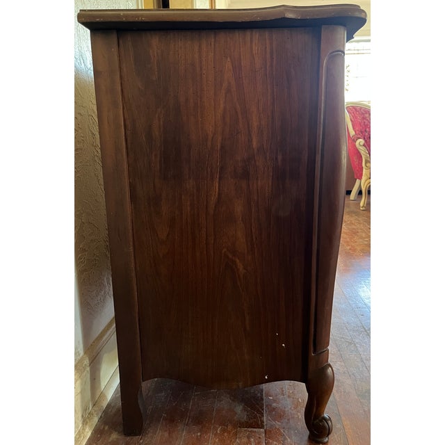 French Provincial Style Buffet Sideboard — Carved Door Panels, Ornate Brass Pulls, Silverware Drawer For Sale - Image 11 of 15
