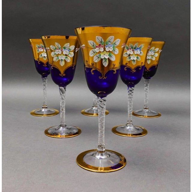 Mid-Century Modern Tre Fuochi Venetian Glass Cobalt Blue 24k Gold Wine Glasses Set of 6 For Sale - Image 3 of 11