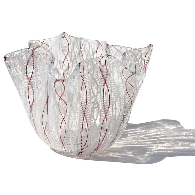 Mid-Century Modern Venini Bianconi Murano Label Vintage White Purple Zanfirico Italian Art Glass Midcentury Fazzoletto Vase For Sale - Image 3 of 8