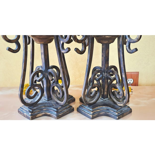 Pair of Ornate Bronze Table Lamps With Scrollwork Base and Bell Shades by Anthony California For Sale - Image 10 of 12