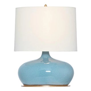 Thomas O'Brien by Visual Comfort Signature Olinda 17" Low Table Lamp in Crackled Robin with Linen Shade For Sale