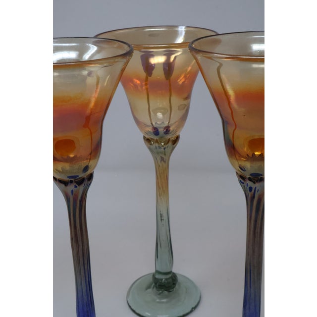 Late 20th Century Rick Strini Signed Iridescent Amber & Cobalt Tulip Art Glass Goblets, Set of 3 For Sale In Washington DC - Image 6 of 18