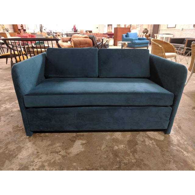 Textile Vintage 1980's Reupholstered Love Seat in Crushed Turquoise Velvet With Rounded Arms For Sale - Image 7 of 9