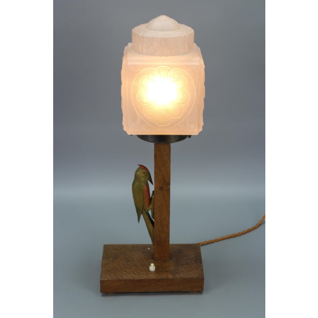 Art Deco Wooden and Frosted Glass Table Lamp with a Woodpecker, 1930s For Sale - Image 17 of 18
