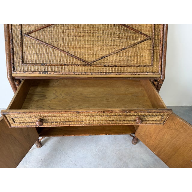 1970’s Vintage Burnt Bamboo & Woven Rattan Drop Front Secretary Desk ...