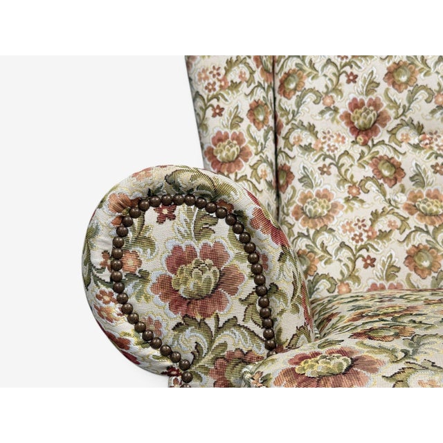 Wood Danish Cabinetmaker, Large Wingback Chair, Floral Fabric, Wood, Denmark, 1950s For Sale - Image 7 of 11