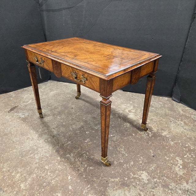Mid 19th Century Mid 19th Century Regency Walnut & Rosewood Inlaid Table W/2 Drawers, Brass Beading, Ornate Handles, on Square Tapered Legs on Brass Casters For Sale - Image 5 of 15