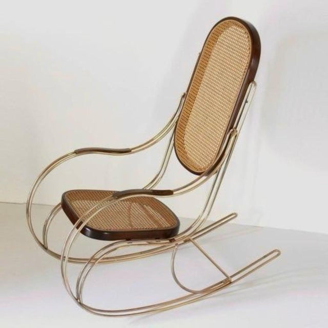 Thonet Mid-Century Modern Brass and Wicker Rocking Chair, 1970s For Sale - Image 4 of 13