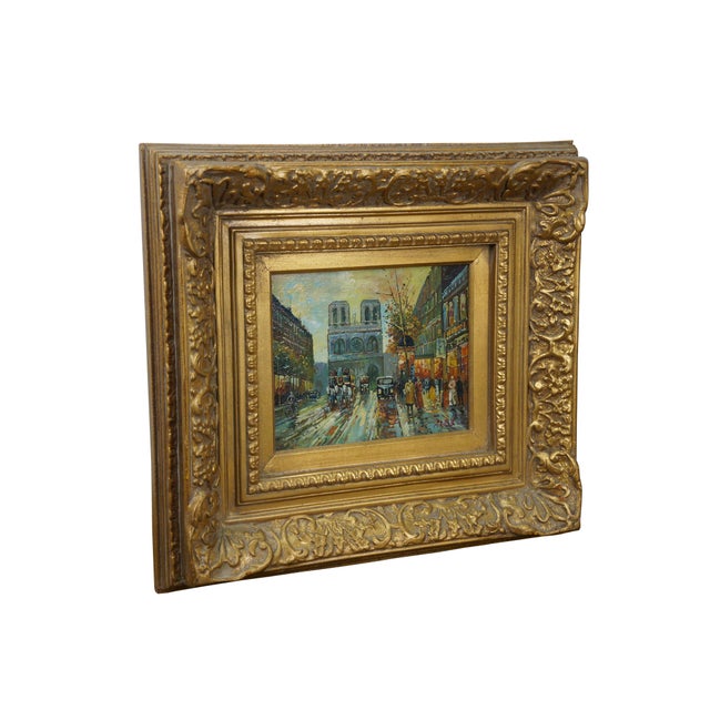 Baroque Impressionist Paris Cityscape Oil on Board Painting Notre Dame Baroque Frame 20" For Sale - Image 3 of 10
