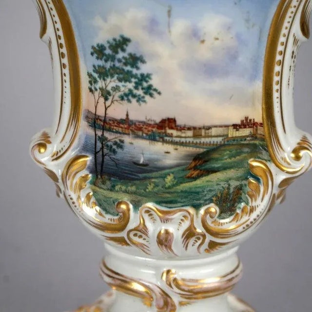 Pair Antique German Porcelain Hand Painted & Gilt Scenic Vases 19th Century For Sale - Image 4 of 12