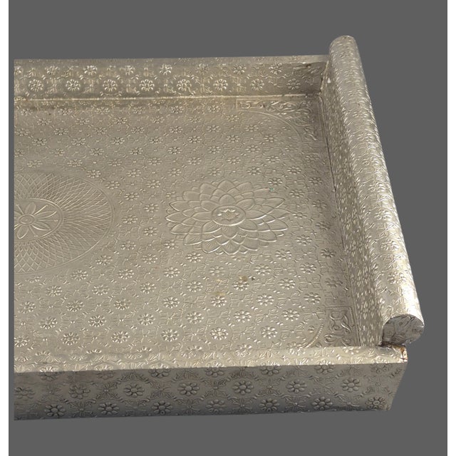 Vintage Large 25'' X 18'' Anglo-Indian Bohemian Embossed Engraved Metal Tray For Sale - Image 4 of 18