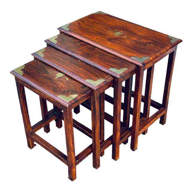 Vintage Brass Inlaid Solid Rosewood Nesting Tables - Set 4 For Sale