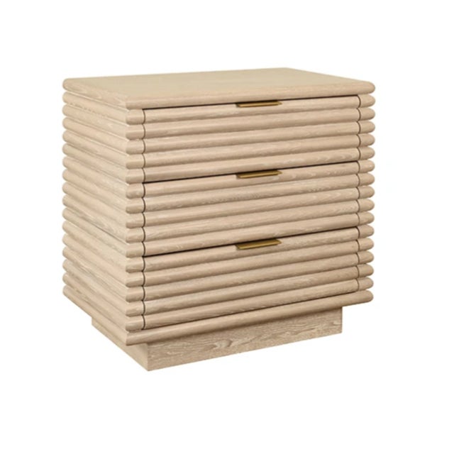 Worlds Away Matthew Izzo Home Mateo Cerused Oak Three Drawer Side Table With Brass Drawer Pulls For Sale - Image 4 of 5