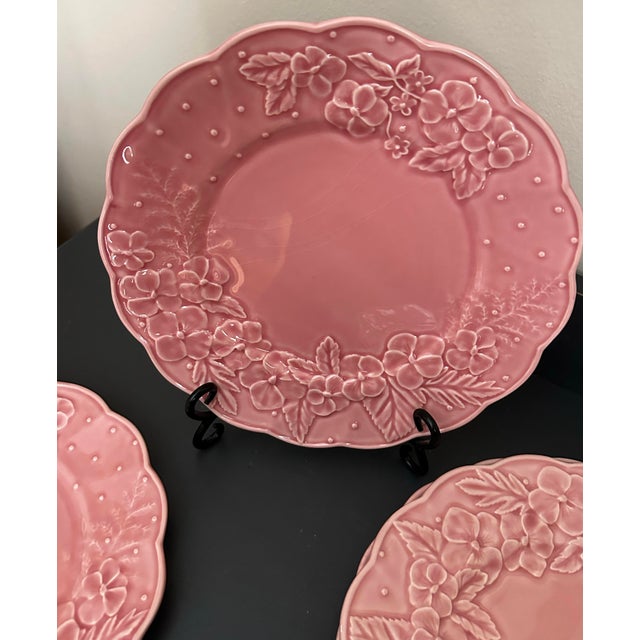1980s Vintage 1980s Bordallo Pinheiro “Ingrid Pink” Floral Embossed Plates- Set of 4 For Sale - Image 5 of 11