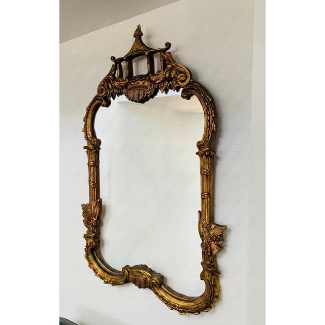 Chinoiserie Chinese Chippendale Carved Giltwood Pagoda Birds Mirror For Sale - Image 3 of 7