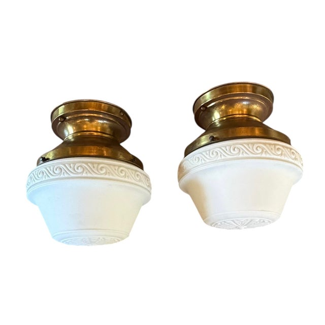 1910s 1910s Pair of Beaux Arts Matte Cased Glass Ceiling Light Fixtures on Original Brass Holders For Sale - Image 5 of 7