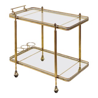 French Two-Tiered Rolling Drinks Cart of Brass and Glass For Sale