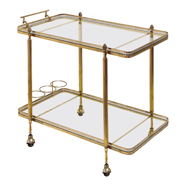 French Two-Tiered Rolling Drinks Cart of Brass and Glass For Sale