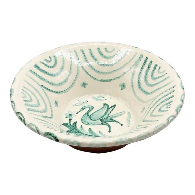 Spanish Fajalauza Ceramic Lebrillo With Emerald Green Avian Motif For Sale