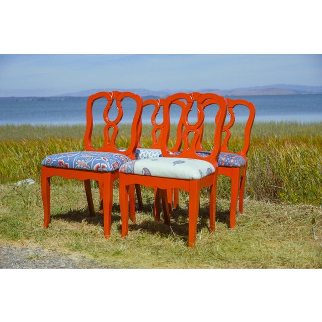 A set of six vintage “ribbon” dining chairs (four side chairs and two armchairs) reimagined by Alicia Cheung Designs with...