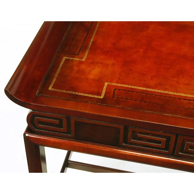 Wood Curved Mahogany and Leather Top End Tables with Greek Key Reliefs - a Pair For Sale - Image 7 of 8