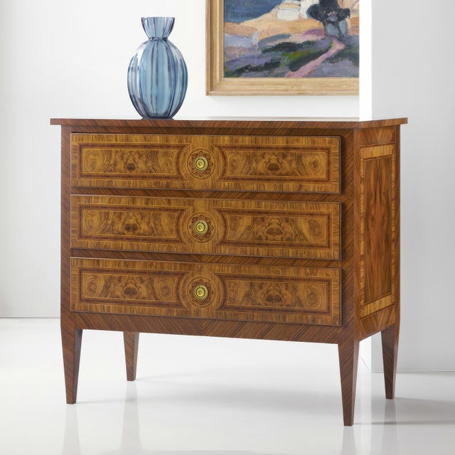 Nightstand embodies the refined elegance of 18th-century French design through its masterful use of book-matched burl...