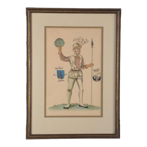 18th-Century Hand-Colored Engraving of Renaissance Soldier, Probably Germanv