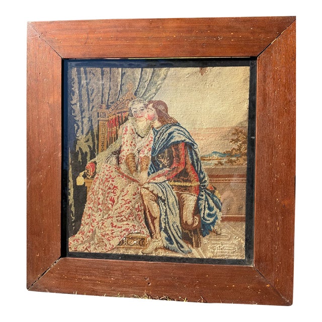 Antique 19th C. Framed Woolwork Needlepoint - Romantic Courtly Galant Scene For Sale