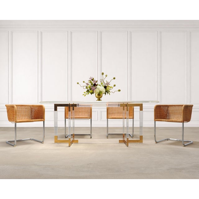 A chic set of nine mid-century modern cantilevered "D43" bucket dining chairs designed by Harvey Probber. The frames are...