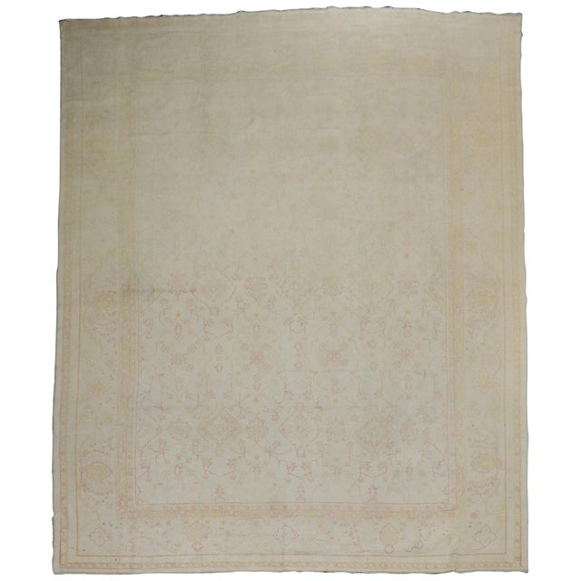 Feminine Pale Cream Antique Turkish Oushak Rug, 20th Century For Sale - Image 15 of 18