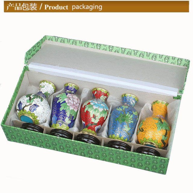 Set of 5 Miniature Chinese Cloisonné Vases | Floral Motif With Wood Stands & Box For Sale In Los Angeles - Image 6 of 8