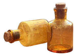 Amber Glass Pharmaceutical Bottles with Cork Stopper and Glass Dropper, Portugal, 1940s-1960s, Set of 2
