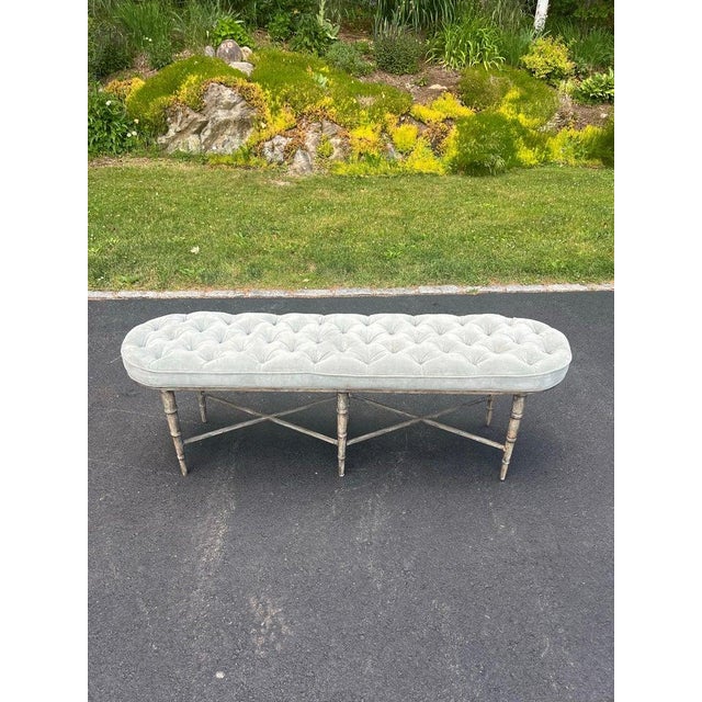 Long Faux Bamboo Tufted Velvet Upholstered Bench . Perfect for at the foot of a king bed or for a long hallway. Heavy,...