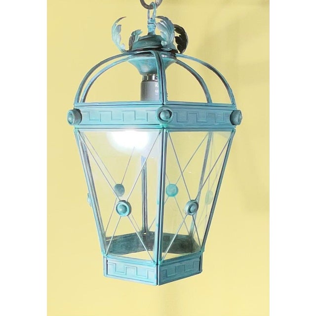 Vintage Style Solid Brass Verdigris Hanging Lantern - Restored & Rewired For Sale - Image 4 of 14