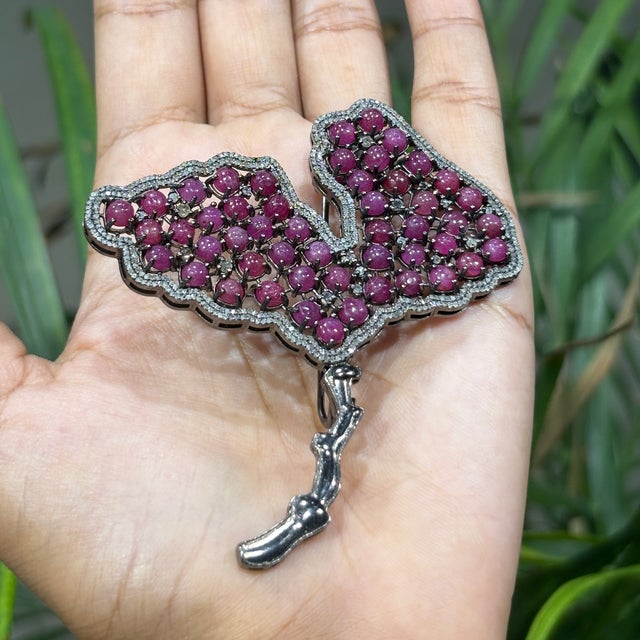 Art Deco Style Tutti Frutti Ruby & Diamond Ginkgo Leaf Brooch Pendant in Sterling Silver For Sale - Image 9 of 15