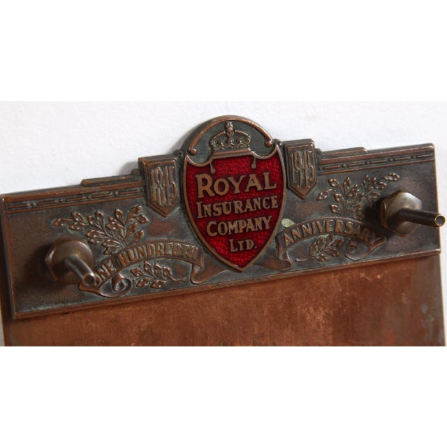 English Vintage Royal Insurance Co. Enameled Brass & Copper Desk Paper Holder For Sale - Image 3 of 6